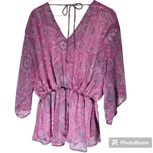 White Birch V-Neck Blouse pink dolman sleeve tops elastic waistband size small